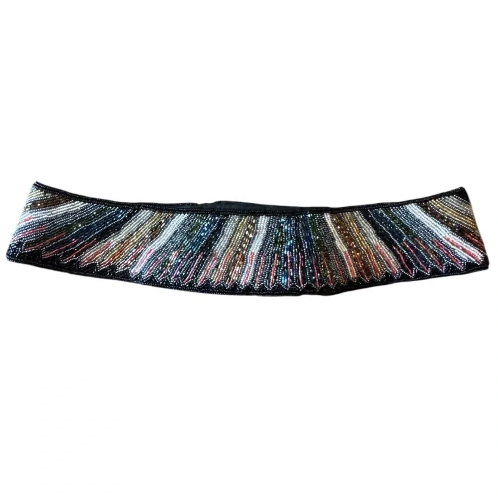 Vintage La Regale Multicolor Beaded Statement Waist Belt Black Retro Glam Size M